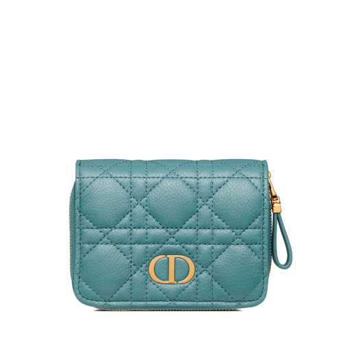 Dior/迪奥 22新款CARO系列 女士天蓝色小牛皮藤格纹缉面线带拉链紧凑型钱包S5032UWHC_M08Z