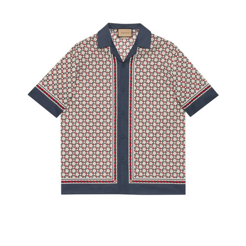 GUCCI/古驰 22年春夏新款 男士红色/蓝色纯棉几何G印花保龄球衫短袖衬衫690464ZAIZX9093