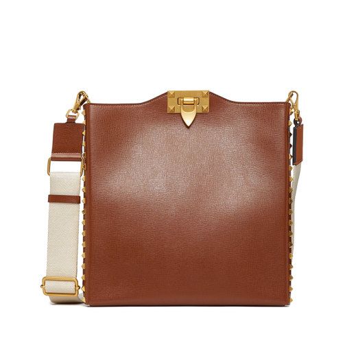 Valentino/华伦天奴 22春夏新款ROCKSTUD ALCOVE系列 男士棕色粒面小牛皮金扣斜跨单肩包XY2B0B42GFAL94