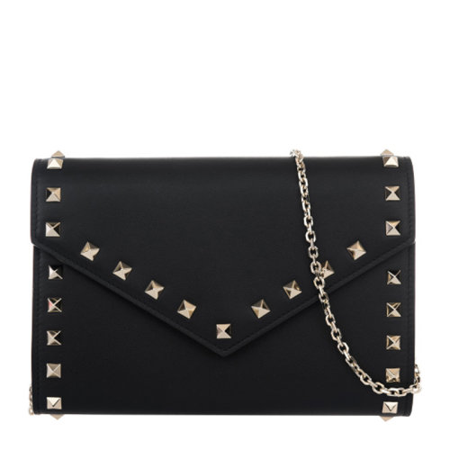 Valentino/华伦天奴 Rockstud系列迷你女士黑色牛皮铆钉装饰单肩包斜挎包链条包手拿包女包 RW2P0Q48-BOL-0NO