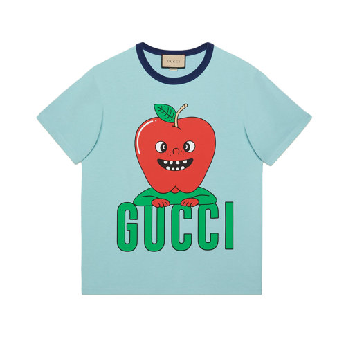 GUCCI/古驰 22年秋冬新款 爱的进行曲系列 男士浅蓝色纯棉苹果印花短袖T恤703439XJEI24673