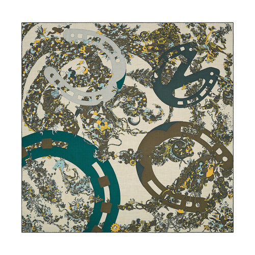 HERMES/爱马仕 22年早春新款 Carré H 100 Quatre Chevaux系列 男士拼色羊绒真丝混纺围巾H103807T02