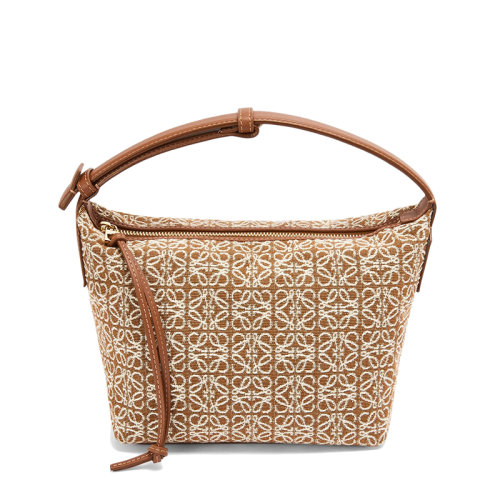 LOEWE/罗意威 22春夏新款Cubi系列 女士小号棕褐色山核桃色老花提花织物配小牛皮单肩手提包A906K75X06-2713