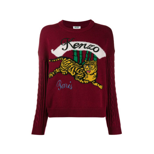 KENZO/高田贤三  凯卓女装 经典老虎图案 女士酒红色羊毛时尚圆领秋冬针织衫/毛衣 F962TO6363XC.23