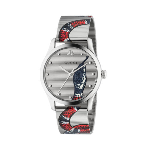 GUCCI/古驰  古驰G-Timeless系列钢质表壳带印花蛇头的网状表盘和带印花蛇身的钢网手链腕表，38毫米