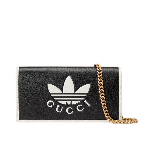GUCCI/古驰 22新款阿迪达斯联名系列 女士黑色白色三叶草印花皮革米白色皮革滚边按扣开合链带钱包单肩斜挎包621892UZ3BG1057