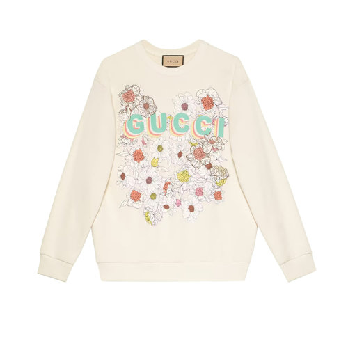 GUCCI/古驰 22年秋冬新款 Lovelight系列 女士白色纯棉重磅毛毡面料花卉印花毛衣?706121XJEQL9150