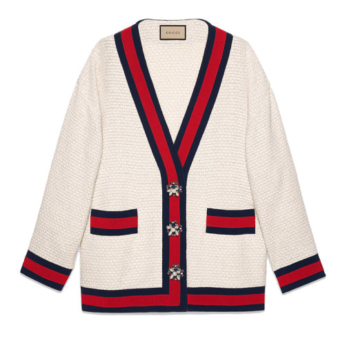 GUCCI/古驰 女士白色棉质红蓝滚边超大号花呢开衫夹克?469657ZID869401