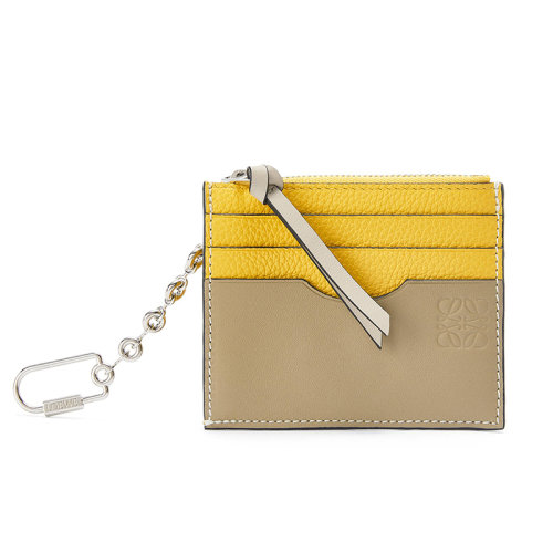 LOEWE/罗意威 22新款 女士黄/粘土绿色小牛皮配银色钥匙扣拉链开合多卡槽钱包卡包钥匙包C821B35X01-0013