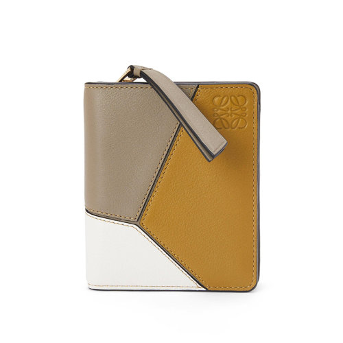 LOEWE/罗意威 22年新款Puzzle系列 女士月桂绿/赭石色/灰色三色拼接牛皮革拉链开合双折紧凑拼图钱包C510Z41X01-1855