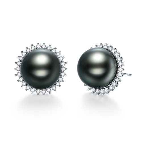 【新品】SANDYRILLA/仙蒂瑞拉 经典王妃款 12-13mm大溪地黑珍珠18K金钻石耳饰