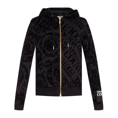 VERSACE JEANS/范思哲牛仔 女士黑色棉质经典字母徽标印花装饰拉链开合长袖上衣卫衣外套连帽衫 B6HUB789-13948-899