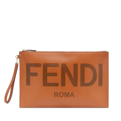 FENDI/芬迪  女士棕色小牛皮拉链FENDI ROMA热印图案手拿袋8N0178AC9LF0QVK