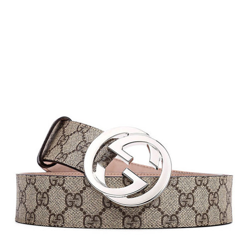 GUCCI/古驰  男士 棕色老花 双G压纹 板扣皮带腰带 银扣4CM