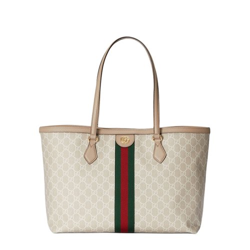 GUCCI/古驰 22春夏新款Ophidia系列 女士中号米白色老花帆布皮革滚边红绿织带托特包631685UULAG9682