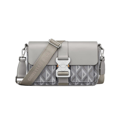 DIOR/迪奥 23新款 男士灰色帆布配皮字母标志铝扣翻盖开合尼龙提花拆卸调节肩带单肩包1ESME157CDP_H42E