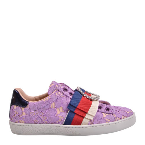 GUCCI/古驰 女士香芋紫蕾丝运动鞋 钻扣配经典配色缎带蝴蝶结ak