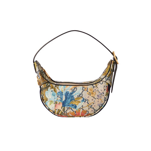 GUCCI/古驰 23春夏新款 Ophidia GG Flora系列 女士迷你彩色帆布花卉图案拉链开合金色饰面单肩手提包658551FABAI4073