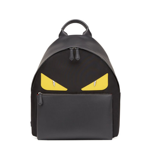 FENDI/芬迪 Bag Bugs黄色蛇皮纹理小怪兽眼睛黑色拼灰色男士尼龙配皮双肩包 7VZ012A2FSF0R2A