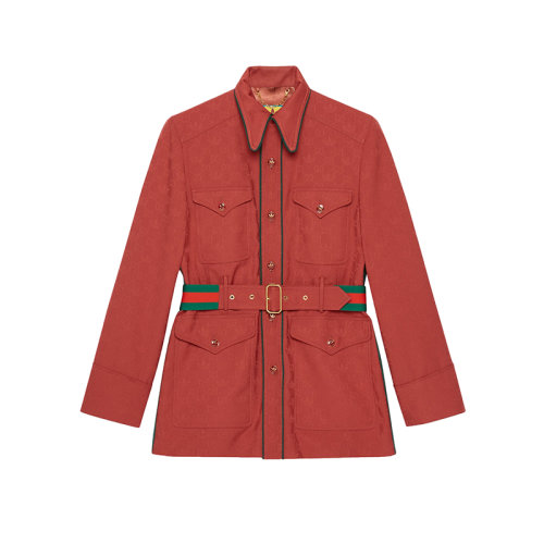 GUCCI/古驰 22年秋冬新款 adidas联名系列 男士砖红色聚酯纤维老花提花配腰带夹克外套691422ZAI227449