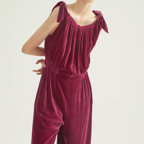 nisiss/怡夕系结肩带侧腰缩褶丝绒连身裤女士连体裤n181sn06