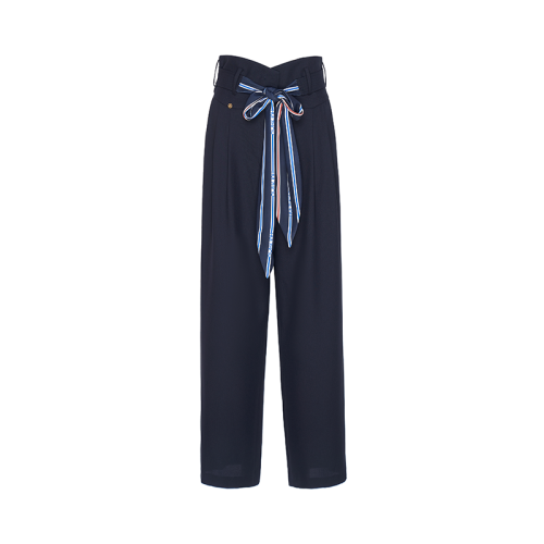 HUI/卉 女士休闲裤2020秋季新品藏蓝色阔腿裤高腰格纹腰带设计