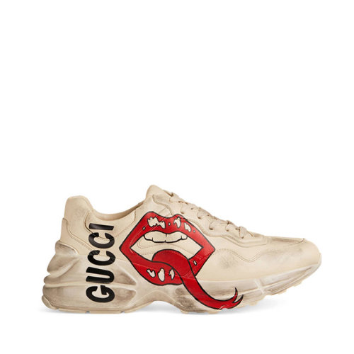 GUCCI/古驰  古琦女鞋 Rhyton系列 小脏鞋 老爹鞋 女士白色皮革时尚嘴唇印花低帮系带休闲运动鞋  552093 A9L00 9522