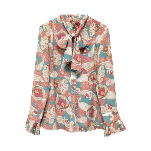 GeleiStory/GeleiStory   春秋季新款真丝衬衫女气质通勤印花立领蝴蝶结长袖单排扣开衫   女装＞女士衬衫＞女士长袖衬衫