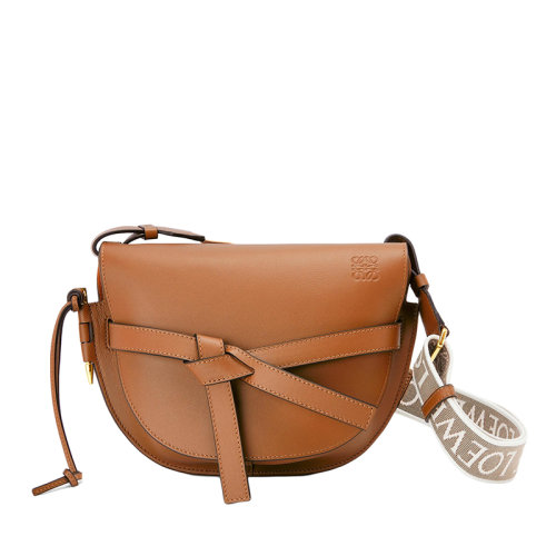 LOEWE/罗意威 21新款Gate系列 女士小号棕褐色小牛皮提花织物肩带翻盖单肩斜挎包0010623395