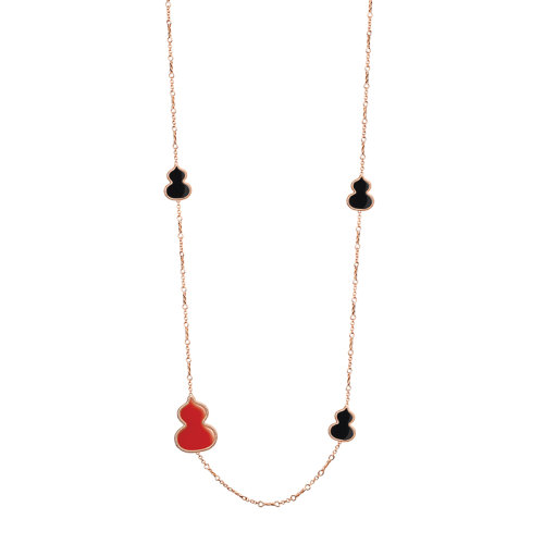 QEELIN/麒麟珠宝 经典WULU系列 18K金玫瑰金镶嵌红玛瑙黑缟玛瑙葫芦形状装饰长项链WU-038-SNLA-RGONRA