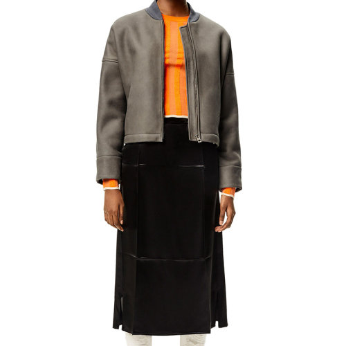 LOEWE/罗意威 22年秋冬新款 女士象牙灰色羊毛皮内有罗纹针织罗纹衣领夹克外套S359Y19L47-1214