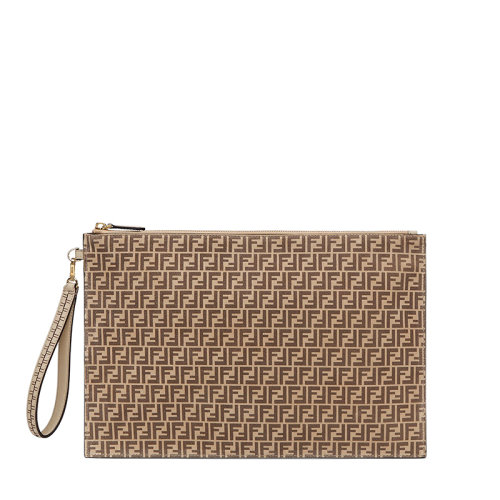 FENDI/芬迪 20  女士大号米色小牛皮棕色FF图案拉链封口手拿包8N0178AHJGF1FI0