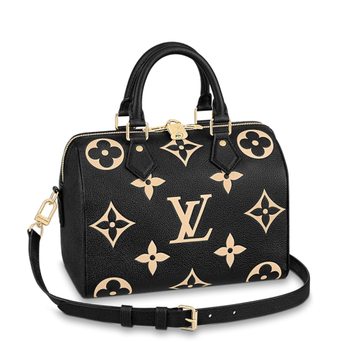 Louis Vuitton/路易威登 22春夏新款SPEEDY 25系列 女士黑色压纹粒面牛皮老花压花金扣单肩斜挎手提包M58947