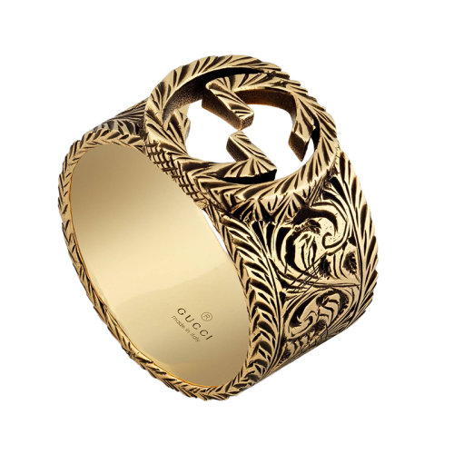 GUCCI/古驰 男女通用经典复古雕刻花纹图案GG镂空细节经过陈年处理的18k金黄金戒指 579797J85000718