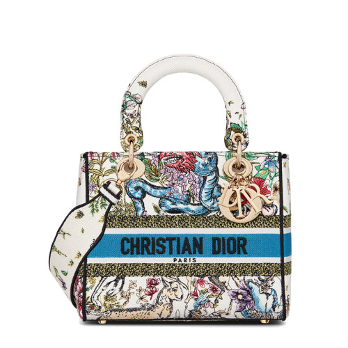 DIOR/迪奥 22春夏新款LADY D-LITE系列 女士中号奶白色彩色D-Constellation图案刺绣织物手提单肩斜挎戴妃包M0565ORUV_M941
