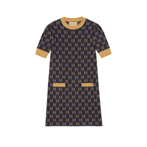 GUCCI/古驰 22年秋冬新款 Aria系列 女士蓝色/金色棉质混纺金银丝线老花提花短袖连衣裙692707XKB544597