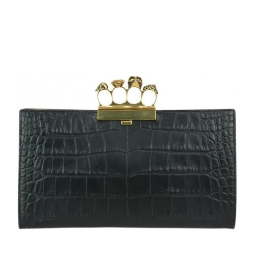 Alexander McQueen/亚历山大麦昆 女包 骷髅头 四环 女士黑色扁平皮革手拿包 460427DZT0M1000