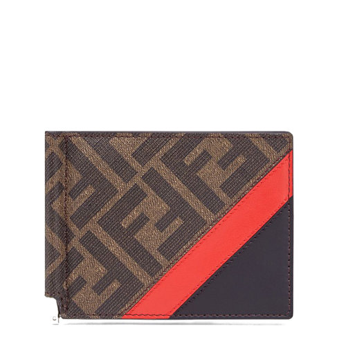 FENDI/芬迪  男士棕色FF提花织物黑色小牛皮红色调双折卡片夹7M0281A9XSF19P9