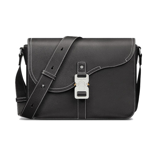 DIOR/迪奥 22新款 男士黑色粒面小牛皮铝制搭扣翻盖开合调节皮革肩带单肩斜挎马鞍邮差包1ADME162YKK_H00N