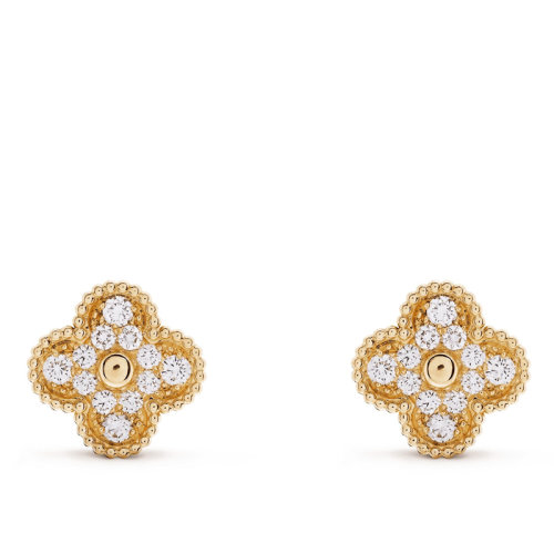 Van Cleef & Arpels/梵克雅宝 Alhambra 女士复古金色镶钻四叶草耳环 VCARA44700
