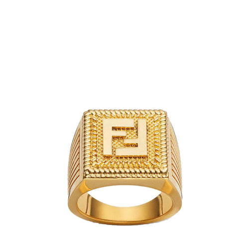 FENDI/芬迪  FF GUILLOCHéE系列 金色金属FF图案扭索饰纹雕刻戒指 7AJ535B08F1CHL