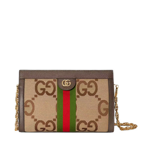 GUCCI/古驰 22春夏新款Ophidia系列 女士小号驼色乌木色超级老花帆布红绿织带金链单肩包503877UKMIG2570