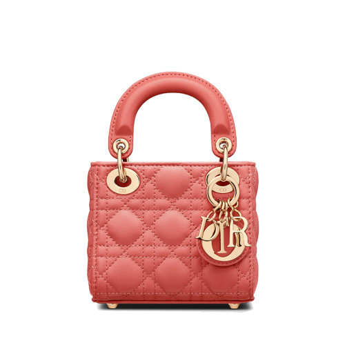 DIOR/迪奥 22新款LADY DIOR系列 女士珊瑚粉小羊皮藤格纹羊皮革单肩斜挎手提戴妃包S0856ONGE_M76P