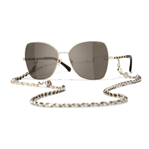 Chanel/香奈儿 22年春夏新款 女士棕色镜片金色/棕色金属与小牛皮镜框饰链条蝴蝶形太阳眼镜墨镜A71446X27388L3953