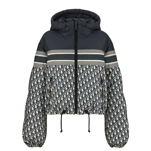 DIOR/迪奥      女士蓝色和米白色绗缝科技塔夫绸老花印花双面短款羽绒服夹克147C21A2968_X5803