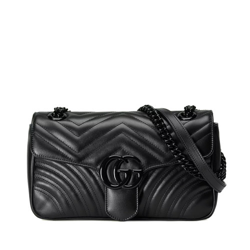 GUCCI/古驰 22春夏新款GG Marmont系列 女士小号黑色绗缝V型皮革黑色双G陶瓷扣翻盖单肩斜挎包443497DTDFV1000