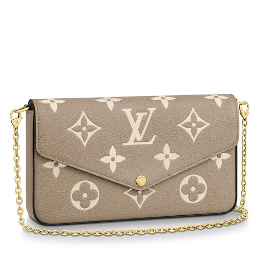 Louis Vuitton/路易威登 22春夏新款FéLICIE系列 女士大象灰粒面牛皮革奶白色老花印花金扣金链配可拆卸贴袋翻盖开合单肩斜挎手拿链条信封包M69977