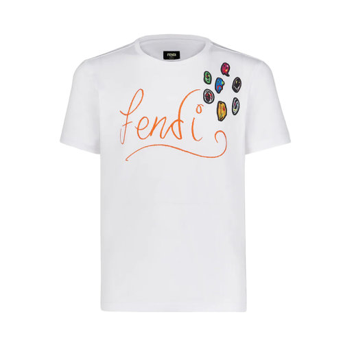 FENDI/芬迪 22年早春新款 男士白色纯棉Logo和徽章刺绣短袖T恤FY0894AH13F0UF6
