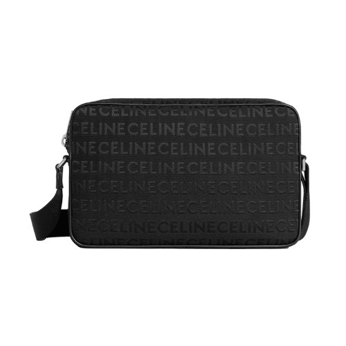 CELINE/赛琳 22秋冬新款 男士黑色中号织物通体提花小牛皮饰边拉链开合肩背包197202EKF.38SI