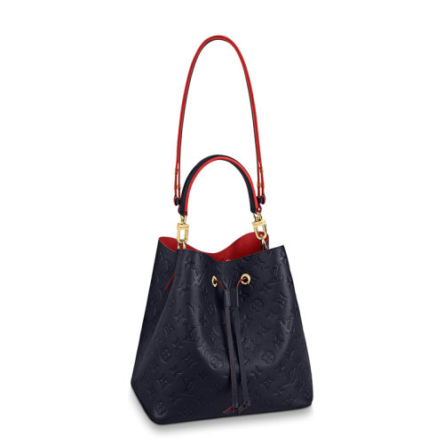Louis Vuitton/路易威登 22春夏新款NEONOé系列 女士中号海军蓝老花压纹牛皮革红色细节金扣配可拆卸肩带单肩斜挎手提抽绳水桶包M45306